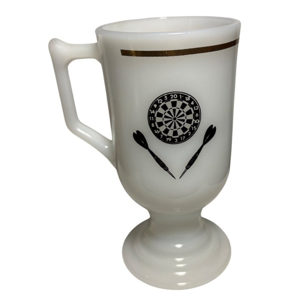 Vintage White Milk Glass Pedestal Mug With Dartboard & Darts Graphic